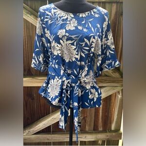 West Kei Blue with White Flowers Julianne Tie Front Cuffed Sleeve Blouse Size M